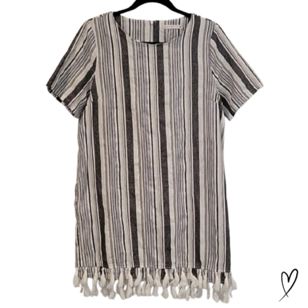 Ellison Linen blend striped sheath Dress with boho tassel trim Large